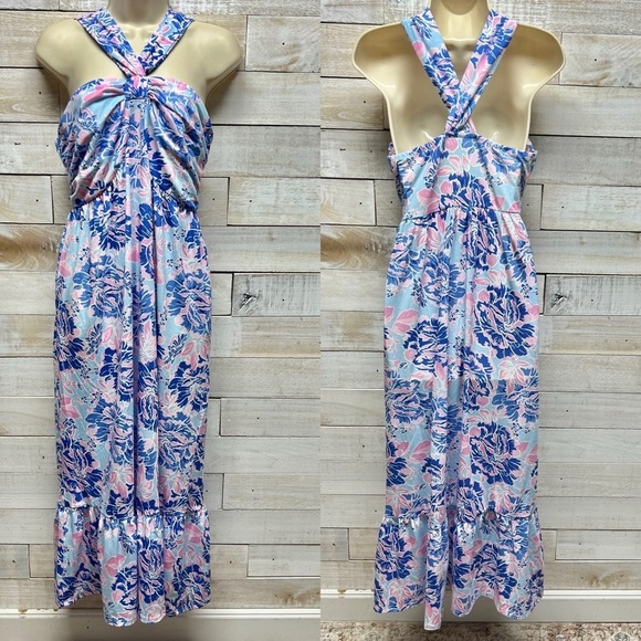 Grace Karin Maxi Dress Womens Medium Blue Floral‎ Halter Pockets Stretch - Picture 1 of 10